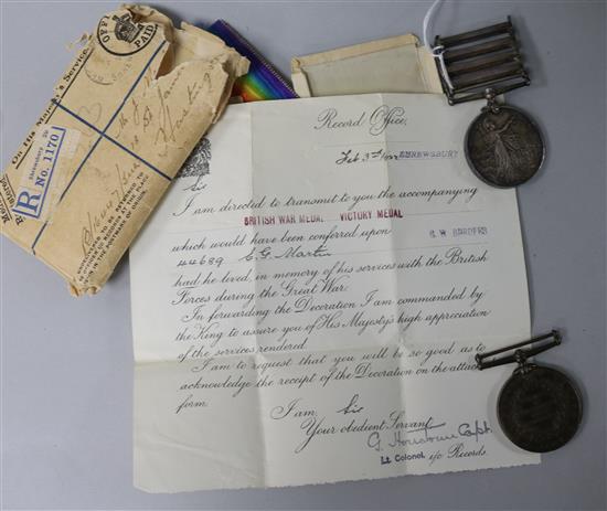 2 x World War I medals, with War Office letter and 2 other medals including South Africa